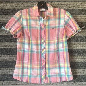 Lacoste Women’s Short Sleeve Plaid Button Up Blouse Size 38 Small EUC